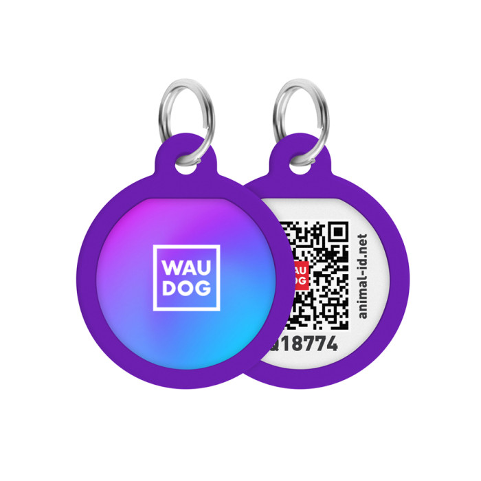 Адресник для собак і котів металевий WAUDOG Smart ID з QR паспортом, малюнок "Градієнт фіолетовий", коло, Д 25 мм