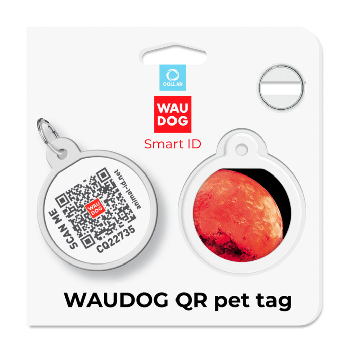 Адресник для собак і котів металевий WAUDOG Smart ID з QR паспортом, малюнок "Марс", коло, Д 25 мм