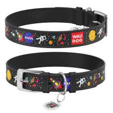 Нашийник для собак шкіряний WAUDOG Design з QR паспортом, малюнок "NASA", XS, Ш 12 мм, Дов 20-28 см, чорний