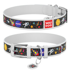 Нашийник для собак шкіряний WAUDOG Design з QR паспортом, малюнок "NASA", S, Ш 15 мм, Дов 26-35 см, білий