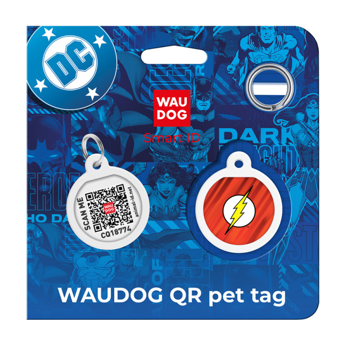 Адресник для собак і котів металевий WAUDOG Smart ID з QR паспортом, малюнок "Флеш лого", коло, Д 25 мм