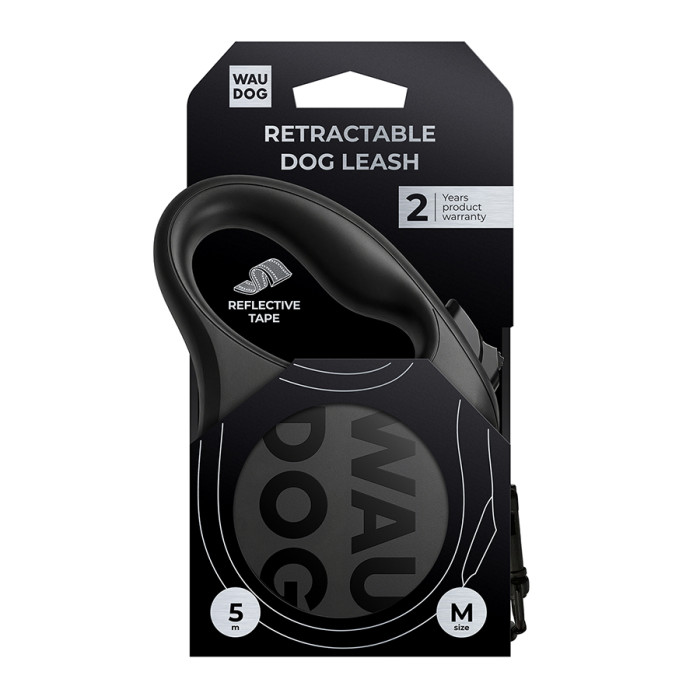 Повідець-рулетка для собак WAUDOG R-leash Monochrome Black, M, до 25 кг, 5 м, світловідбивна стрічка, чорна