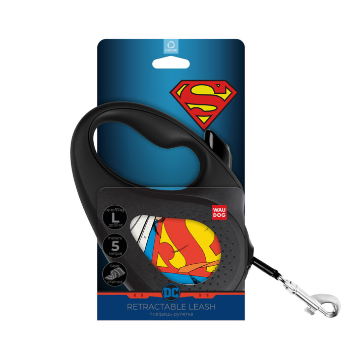 Повідець-рулетка для собак WAUDOG R-leash, малюнок "Супермен Герой", L, до 50 кг, 5 м, світловідбиваюча стрічка чорний