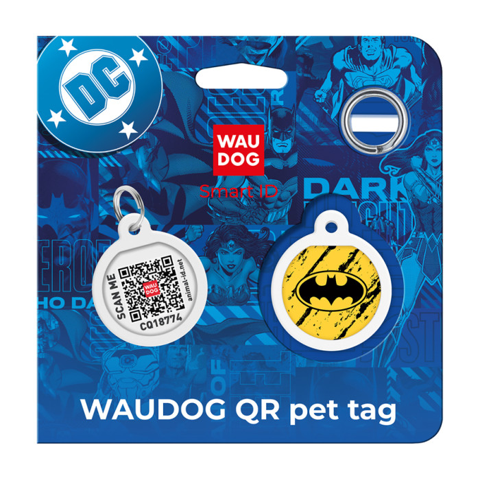 Адресник для собак і котів металевий WAUDOG Smart ID з QR паспортом, малюнок "Бетмен ескіз", коло, Д 25 мм