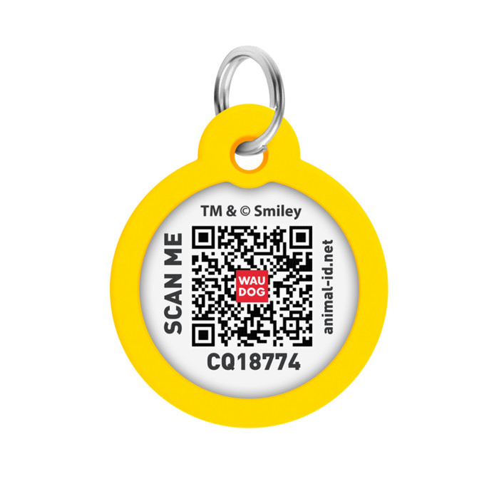 Адресник для собак і котів металевий WAUDOG Smart ID з QR паспортом, малюнок "Смайли на чорному", коло, Д 30 мм
