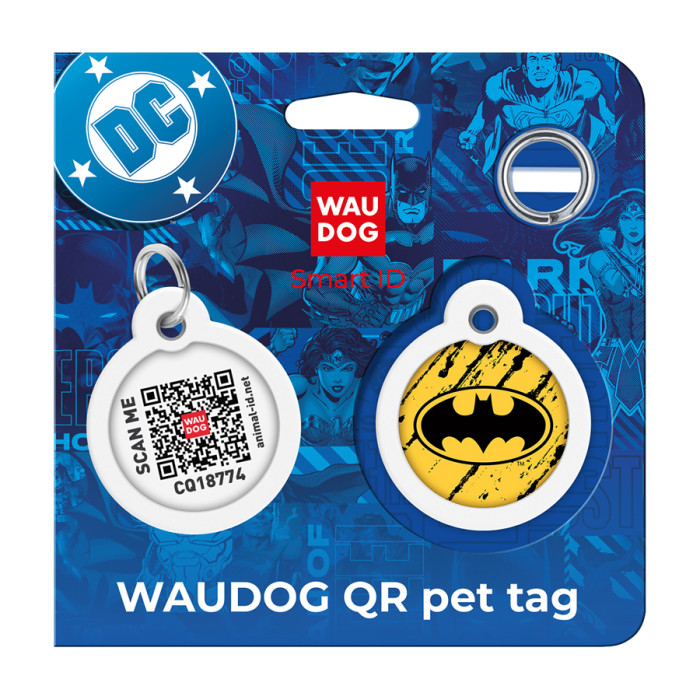 Адресник для собак і котів металевий WAUDOG Smart ID з QR паспортом, малюнок "Бетмен ескіз", коло, Д 30 мм