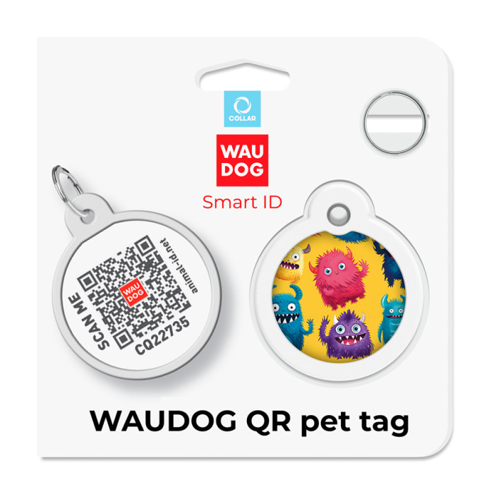 Адресник для собак і котів металевий WAUDOG Smart ID з QR паспортом, малюнок "Мохнаті монстри", коло, Д 30 мм