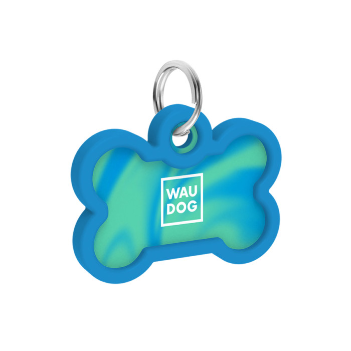 Адресник для собак і котів металевий WAUDOG Smart ID з QR паспортом, малюнок "Градієнт блакитний", кістка, Д 40 мм, Ш 28 мм