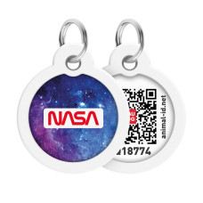 Адресник для собак і котів металевий WAUDOG Smart ID з QR паспортом, малюнок "NASA21", коло, Д 30 мм