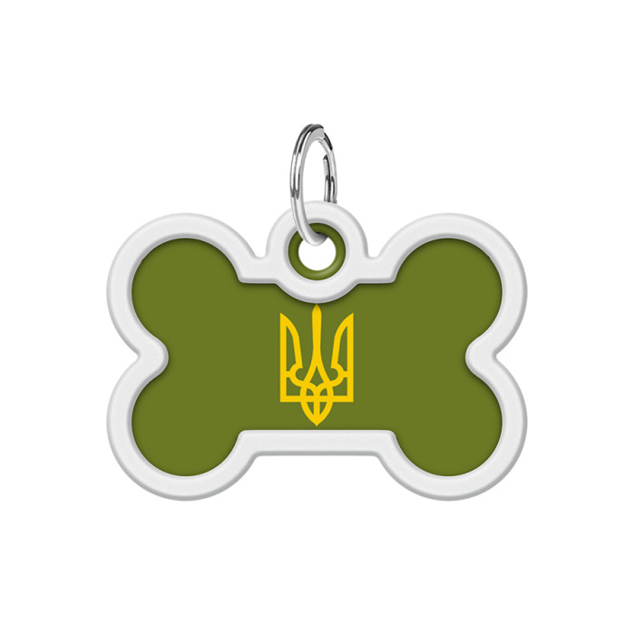 Адресник для собак і котів металевий WAUDOG Smart ID з QR паспортом, малюнок "Тризуб олива", кістка, Д 40 мм, Ш 28 мм