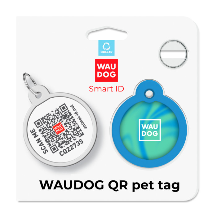 Адресник для собак і котів металевий WAUDOG Smart ID з QR паспортом, малюнок "Градієнт блакитний", коло, Д 30 мм