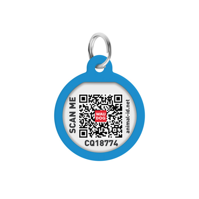 Адресник для собак і котів металевий WAUDOG Smart ID з QR паспортом, малюнок "Градієнт блакитний", коло, Д 25 мм