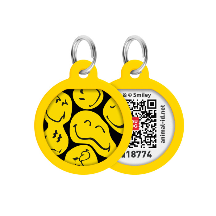 Адресник для собак і котів металевий WAUDOG Smart ID з QR паспортом, малюнок "Смайли на чорному", коло, Д 25 мм