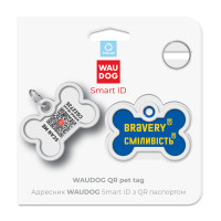 Адресник для собак і котів металевий WAUDOG Smart ID з QR паспортом, малюнок "Сміливість", кістка, Д 40 мм, Ш 28 мм