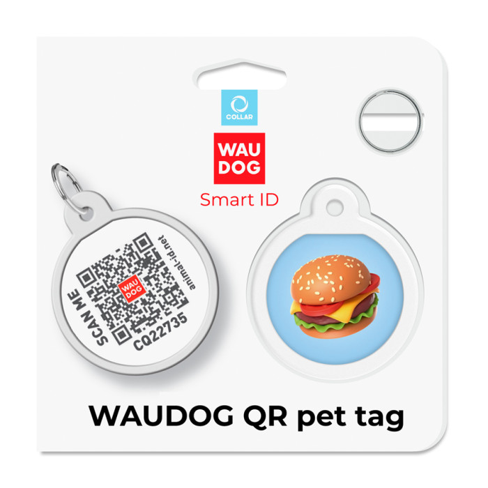 Адресник для собак і котів металевий WAUDOG Smart ID з QR паспортом, малюнок "Гамбургер", коло, Д 25 мм