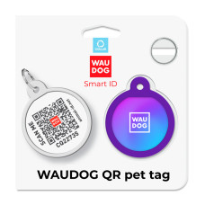 Адресник для собак і котів металевий WAUDOG Smart ID з QR паспортом, малюнок "Градієнт фіолетовий", коло, Д 25 мм