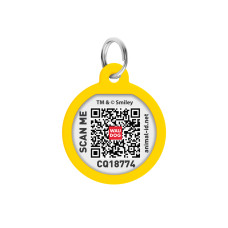 Адресник для собак і котів металевий WAUDOG Smart ID з QR паспортом, малюнок "Смайли на чорному", коло, Д 25 мм