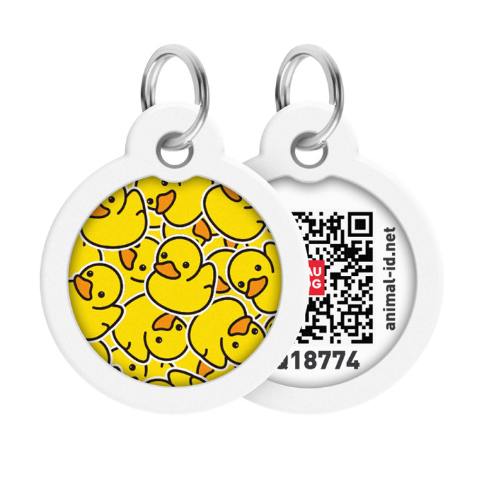 Адресник для собак і котів металевий WAUDOG Smart ID з QR паспортом, малюнок "Качки", коло, Д 30 мм