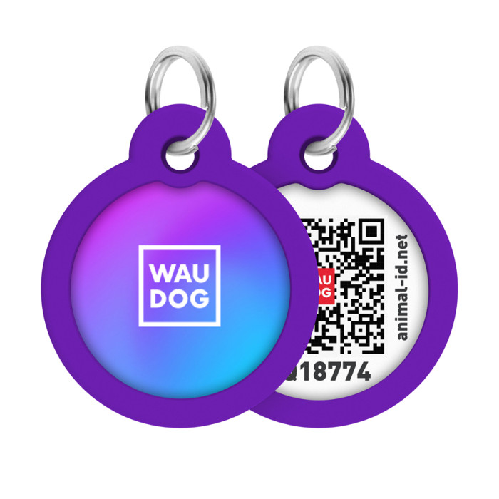 Адресник для собак і котів металевий WAUDOG Smart ID з QR паспортом, малюнок "Градієнт фіолетовий", коло, Д 30 мм