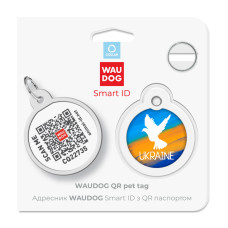 Адресник для собак і котів металевий WAUDOG Smart ID з QR паспортом, малюнок "Прапор", коло, Д 30 мм