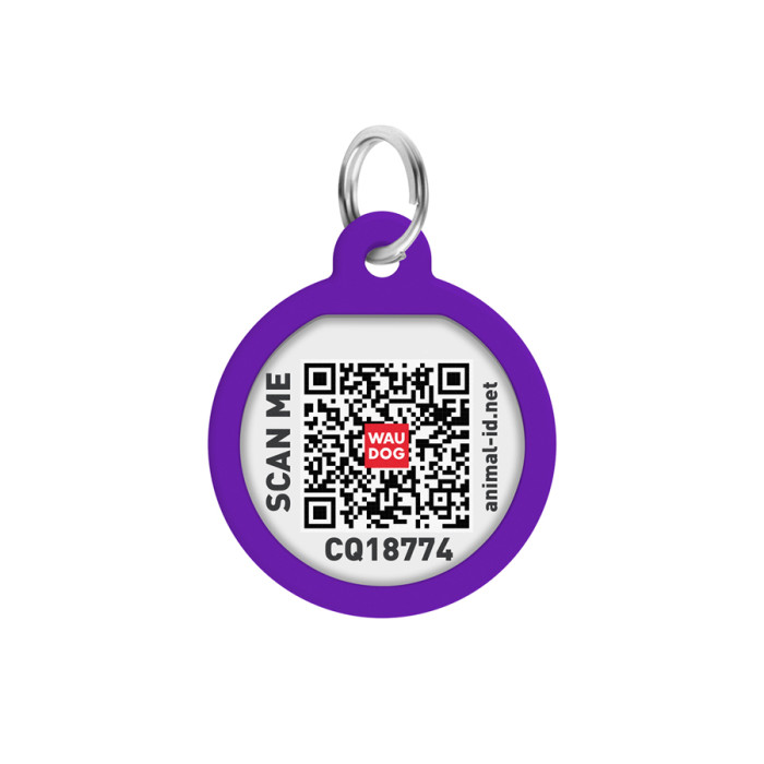 Адресник для собак і котів металевий WAUDOG Smart ID з QR паспортом, малюнок "Градієнт фіолетовий", коло, Д 25 мм