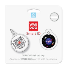 Адресник для собак та котів металічний WAUDOG Smart ID з QR паспортом, малюнок "NASA", круг, Д 25 мм