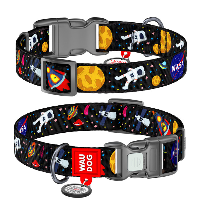 Нашийник для собак нейлоновий WAUDOG Nylon з QR паспортом, малюнок "NASA", пластиковий фастекс, Ш 25 мм, Дов 33-49 см