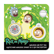 Адресник для собак і котів металевий WAUDOG Smart ID з QR паспортом, малюнок "Рік та Морті 2", коло, Д 25 мм