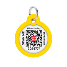 Адресник для собак і котів металевий WAUDOG Smart ID з QR паспортом, малюнок "Смайли на блакитному", коло, Д 30 мм