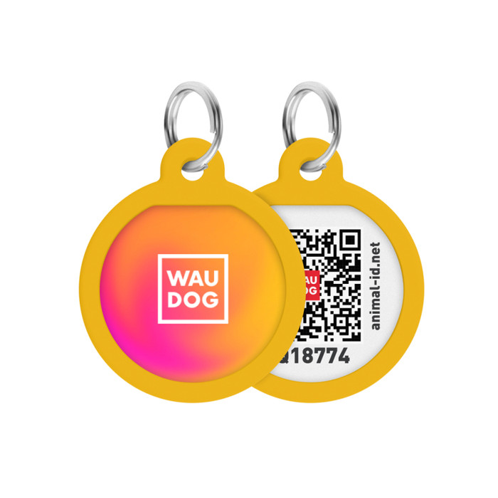 Адресник для собак і котів металевий WAUDOG Smart ID з QR паспортом, малюнок "Градієнт помаранчевий", коло, Д 25 мм