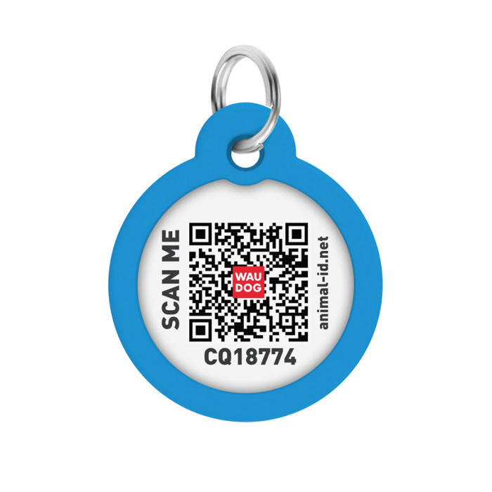Адресник для собак і котів металевий WAUDOG Smart ID з QR паспортом, малюнок "Градієнт блакитний", коло, Д 30 мм