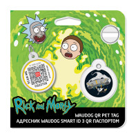 Адресник для собак і котів металевий WAUDOG Smart ID з QR паспортом, малюнок "Рік та Морті 1", коло, Д 25 мм