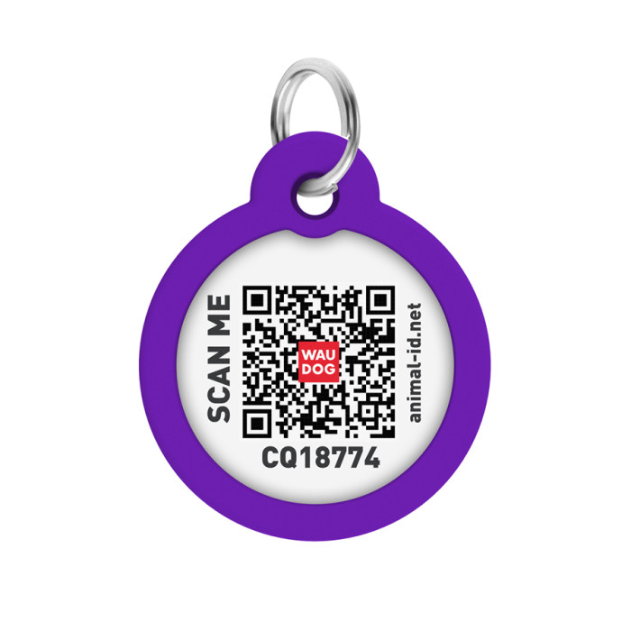 Адресник для собак і котів металевий WAUDOG Smart ID з QR паспортом, малюнок "Градієнт фіолетовий", коло, Д 30 мм