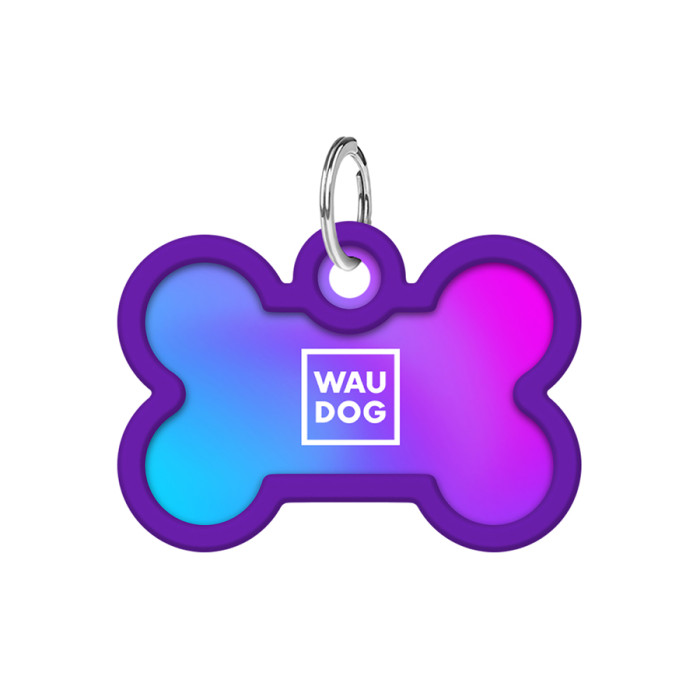 Адресник для собак і котів металевий WAUDOG Smart ID з QR паспортом, малюнок "Градієнт фіолетовий", кістка, Д 40 мм, Ш 28 мм