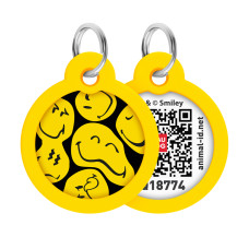 Адресник для собак і котів металевий WAUDOG Smart ID з QR паспортом, малюнок "Смайли на чорному", коло, Д 30 мм