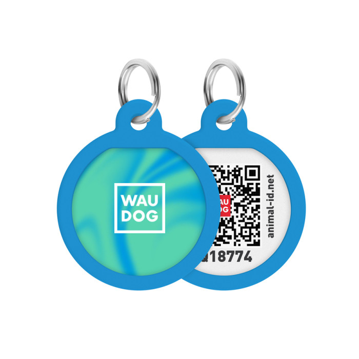 Адресник для собак і котів металевий WAUDOG Smart ID з QR паспортом, малюнок "Градієнт блакитний", коло, Д 25 мм