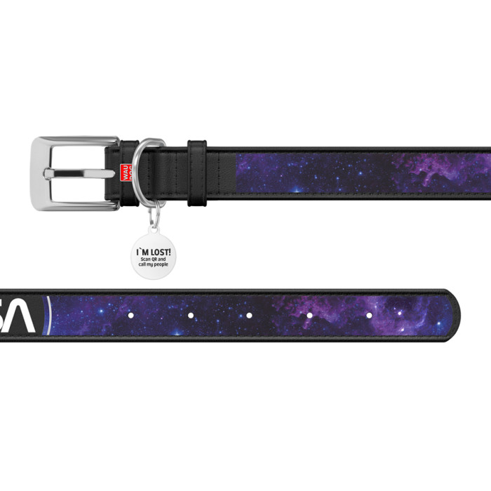 Нашийник для собак шкіряний WAUDOG Design з QR паспортом, малюнок "NASA21", S, Ш 15 мм, Д 26-35 см, чорний
