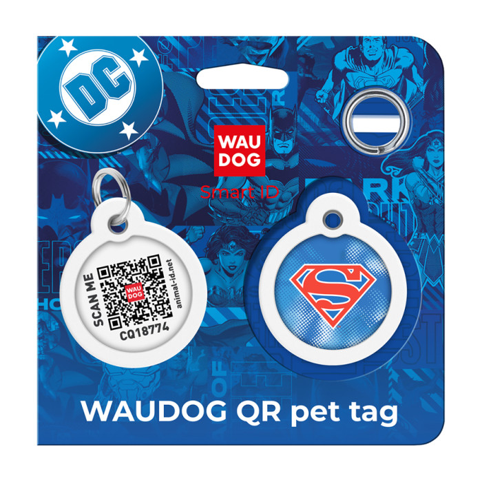 Адресник для собак і котів металевий WAUDOG Smart ID з QR паспортом, малюнок "Супермен ретро", коло, Д 30 мм