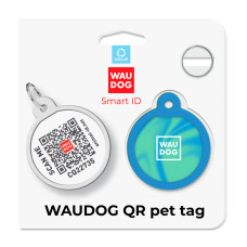 Адресник для собак і котів металевий WAUDOG Smart ID з QR паспортом, малюнок "Градієнт блакитний", коло, Д 25 мм