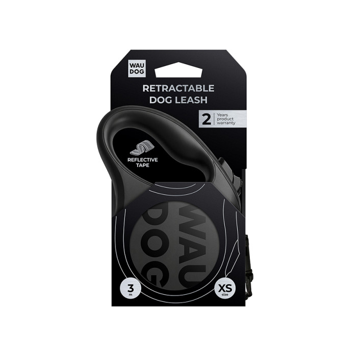Повідець-рулетка для собак WAUDOG R-leash Monochrome Black, XS, до 12 кг, 3 м, світловідбивна стрічка, чорна