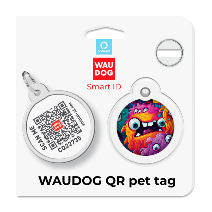Адресник для собак і котів металевий WAUDOG Smart ID з QR паспортом, малюнок "Зубасті монстри", коло, Д 30 мм
