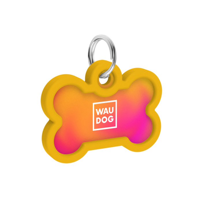 Адресник для собак і котів металевий WAUDOG Smart ID з QR паспортом, малюнок "Градієнт помаранчевий", кістка, Д 40 мм, Ш 28 мм