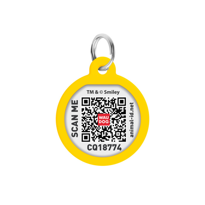Адресник для собак і котів металевий WAUDOG Smart ID з QR паспортом, малюнок "Смайли на блакитному", коло, Д 25 мм