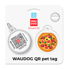 Адресник для собак і котів металевий WAUDOG Smart ID з QR паспортом, малюнок "Піца", коло, Д 25 мм