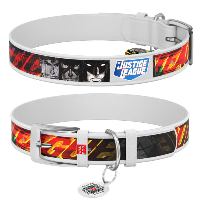 Нашийник для собак шкіряний WAUDOG Design з QR паспортом, малюнок "Ліга справедливості", Ш 12 мм, Дов 18-24 см білий