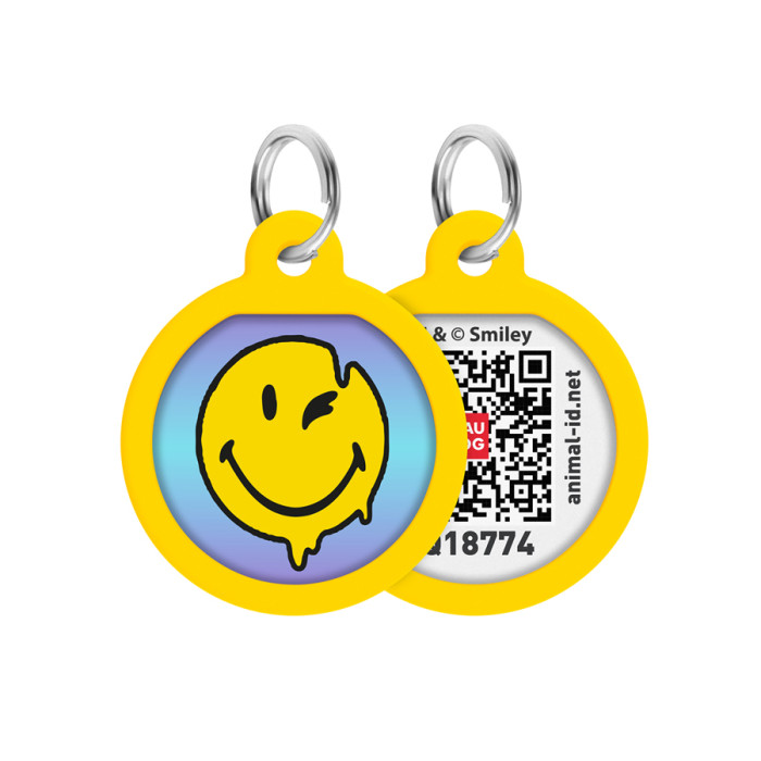 Адресник для собак і котів металевий WAUDOG Smart ID з QR паспортом, малюнок "Смайли на блакитному", коло, Д 25 мм