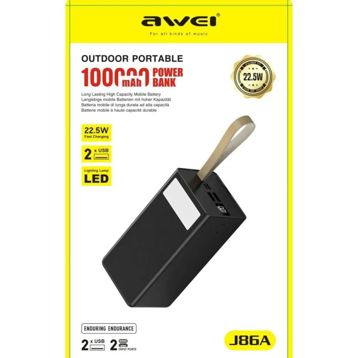 Power Bank Awei J86A 100000mAh чорний • Повербанк Awei J86A 100000mAh 22.5W зі швидким заряджанням PD/QC і LED-дисплеєм