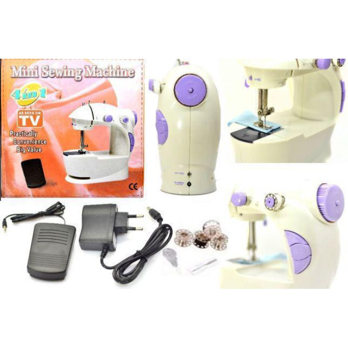 Швейна міні машинка Mini Sewing Machine SM-202A 4 в 1 портативна домашня машинка для шиття від мережі / батарей / педалі