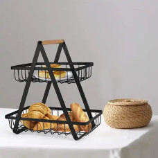 Настільний двоярусний кошик - фруктівниця з дерев'яною ручкою Double Fruit Basket · Розбірний металевий кошик для фруктів