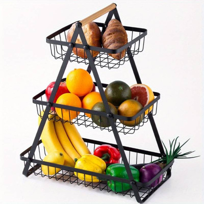 Настільний триярусний кошик - фруктівниця з дерев'яною ручкою Triple Fruit Basket · Розбірний металевий кошик для фруктів